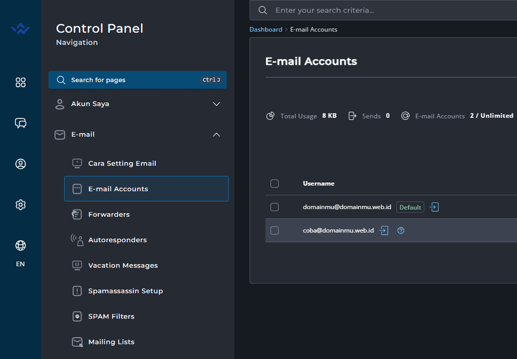 Menu Email Accounts
